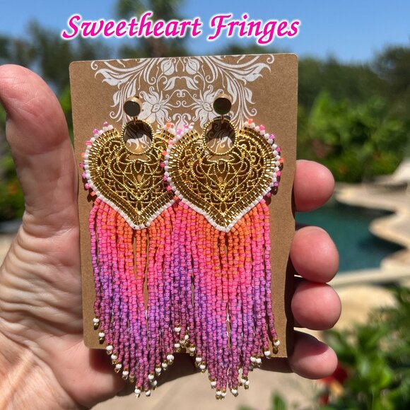Handmade Beaded Long Fringe Dangle Drop Lightweight Sweetheart Post Earrings - Picture 10 of 10